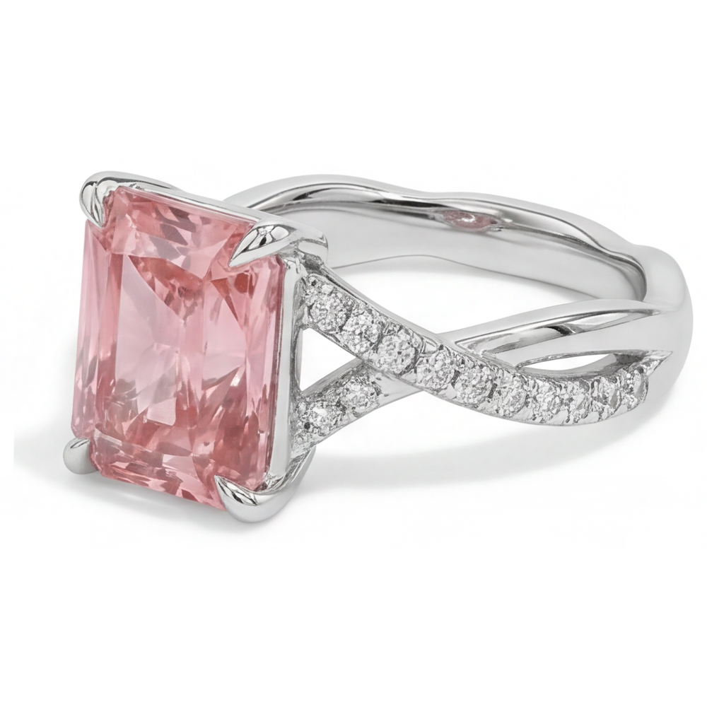 Peach Sapphire 2.8 Carat Genuine Emerald Padparadscha Pave Ring 14K White Gold