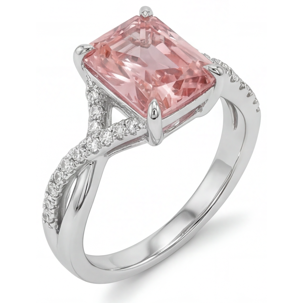 Peach Sapphire 2.8 Carat Genuine Emerald Padparadscha Pave Ring 14K White Gold