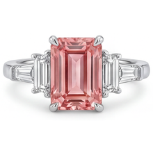 Padparadscha Sapphire Engagement Ring 3.9 Carat Real Emerald and White Baguette Three Stone Cathedral 14K Gold