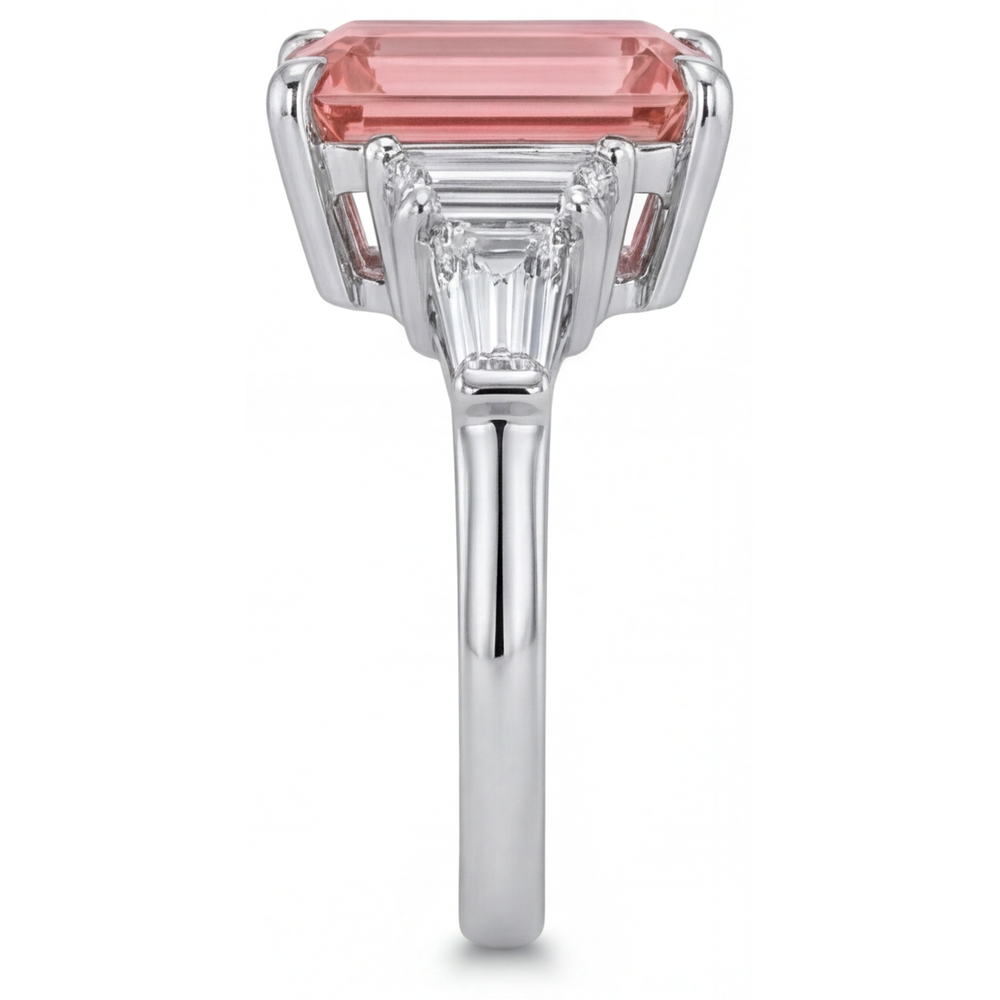 Padparadscha Sapphire Engagement Ring 3.9 Carat Real Emerald and White Baguette Three Stone Cathedral 14K Gold