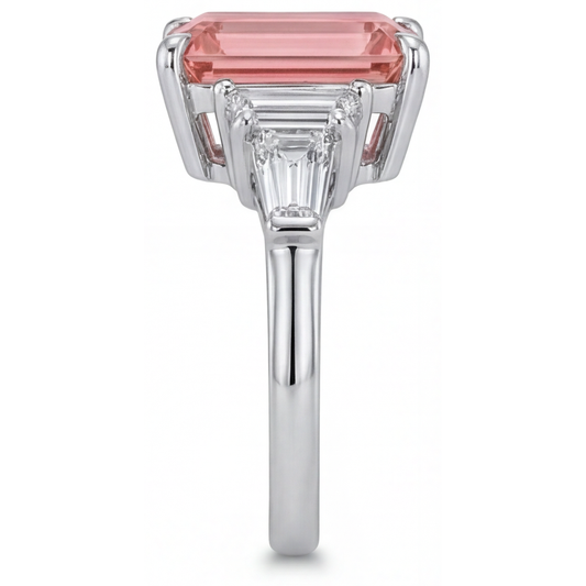Padparadscha Sapphire Engagement Ring 3.9 Carat Real Emerald and White Baguette Three Stone Cathedral 14K Gold
