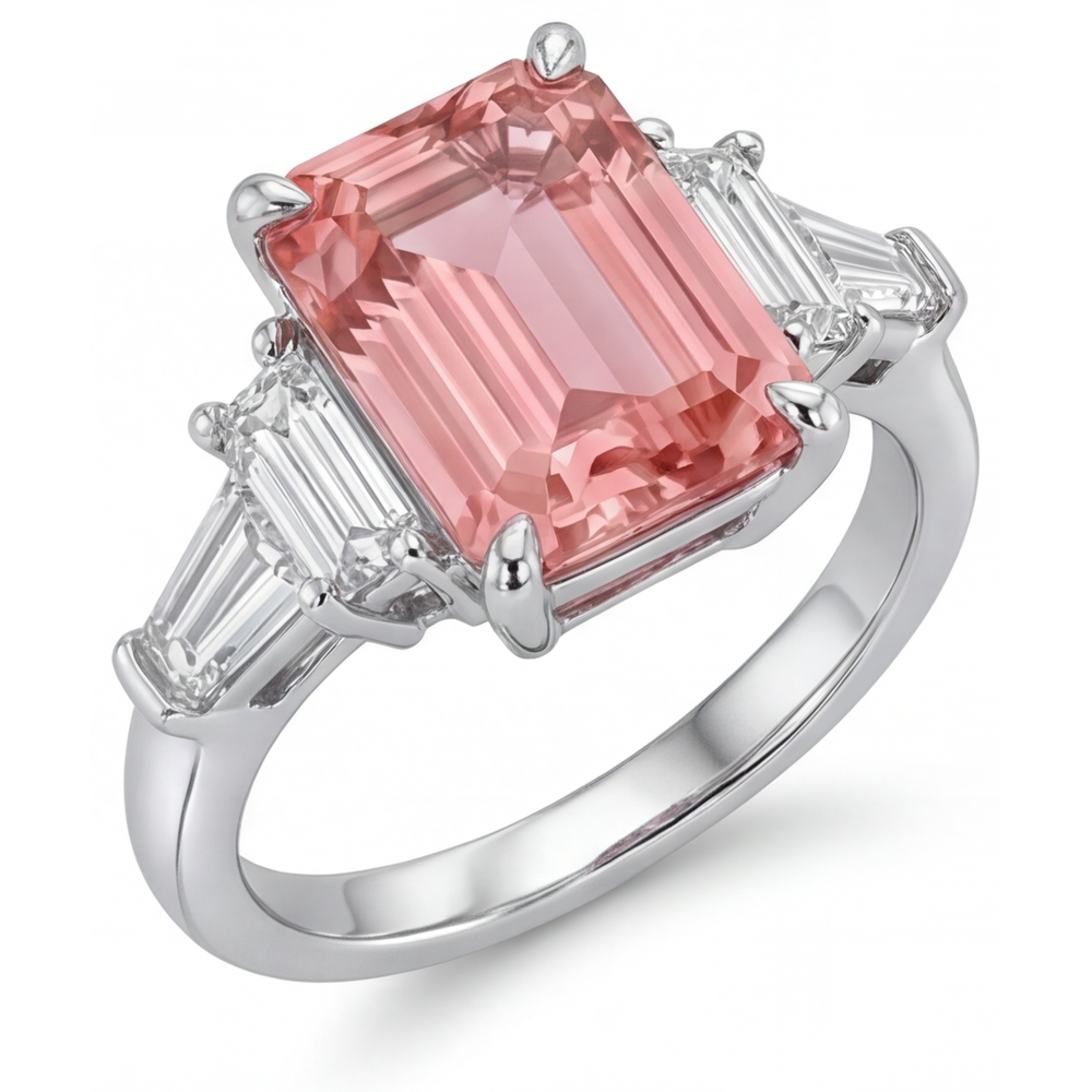 Padparadscha Sapphire Engagement Ring 3.9 Carat Real Emerald and White Baguette Three Stone Cathedral 14K Gold