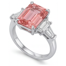 Padparadscha Sapphire Engagement Ring 3.9 Carat Real Emerald and White Baguette Three Stone Cathedral 14K Gold