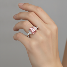 Padparadscha Sapphire Engagement Ring 3.9 Carat Real Emerald and White Baguette Three Stone Cathedral 14K Gold
