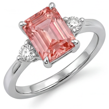 Emerald Cut Padparadscha Sapphire 2.9 Carat Genuine Three Stone Ring 14K White Gold