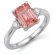 Emerald Cut Padparadscha Sapphire 2.9 Carat Genuine Three Stone Ring 14K White Gold