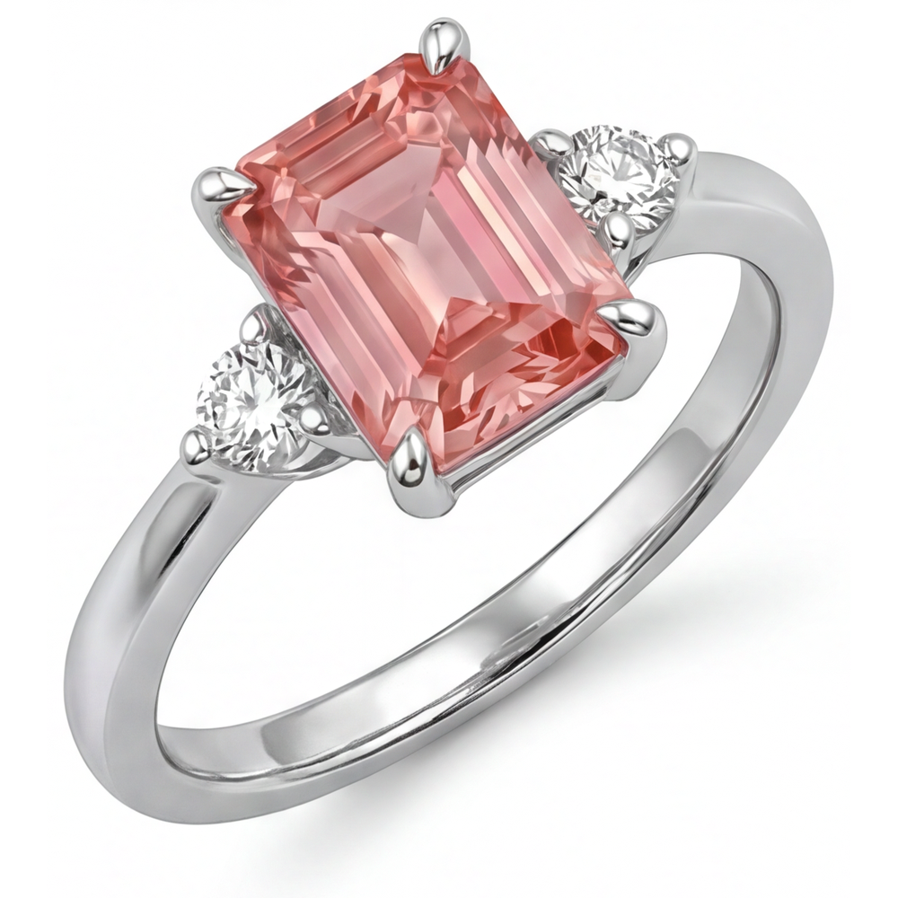Emerald Cut Padparadscha Sapphire 2.9 Carat Genuine Three Stone Ring 14K White Gold