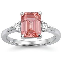 Emerald Cut Padparadscha Sapphire 2.9 Carat Genuine Three Stone Ring 14K White Gold