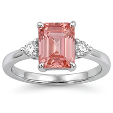 Emerald Cut Padparadscha Sapphire 2.9 Carat Genuine Three Stone Ring 14K White Gold