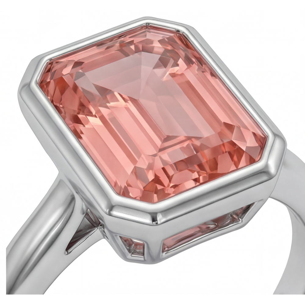 Peach Sapphire 2.5 Carat Natural Emerald Padparadscha Bezel Solitaire Ring 14K White Gold