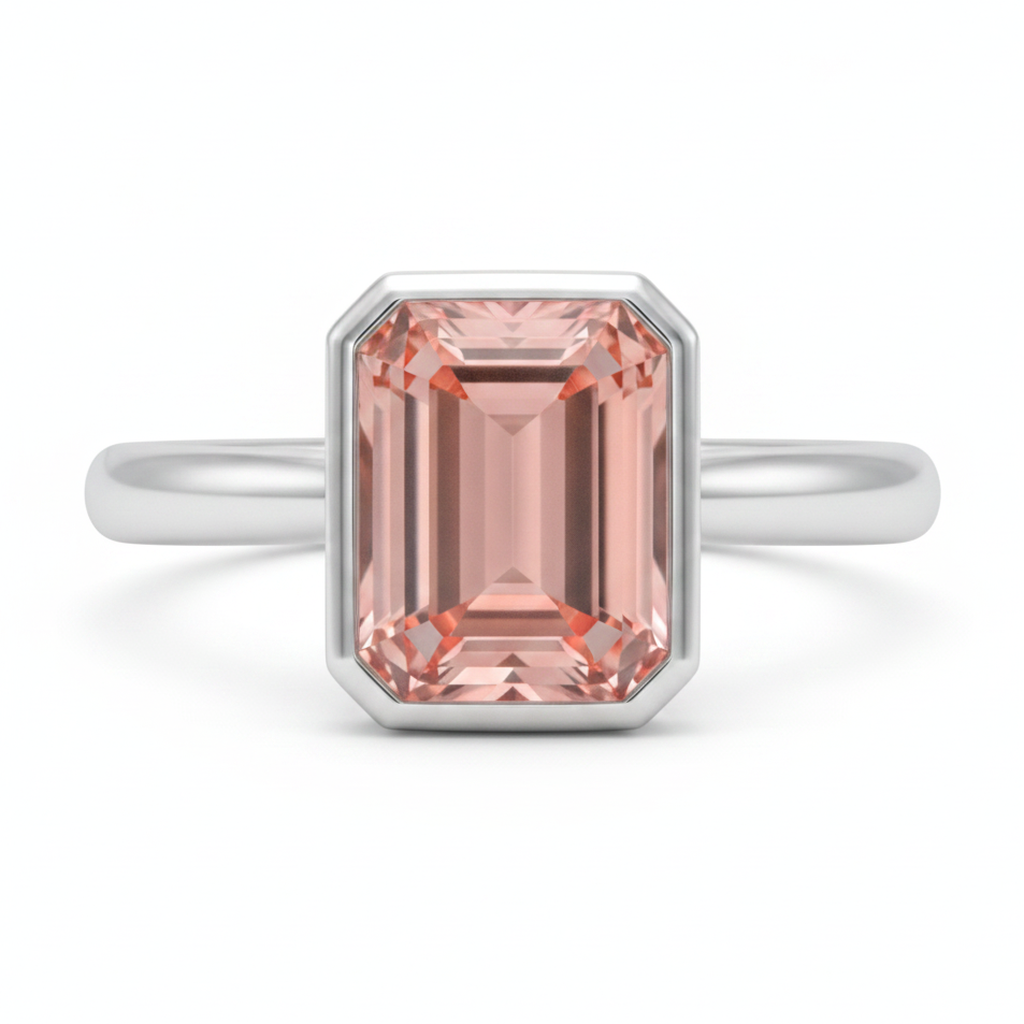 Peach Color Sapphire 2.5 Carat Genuine Emerald Padparadscha Bezel Solitaire Ring 14K White Gold