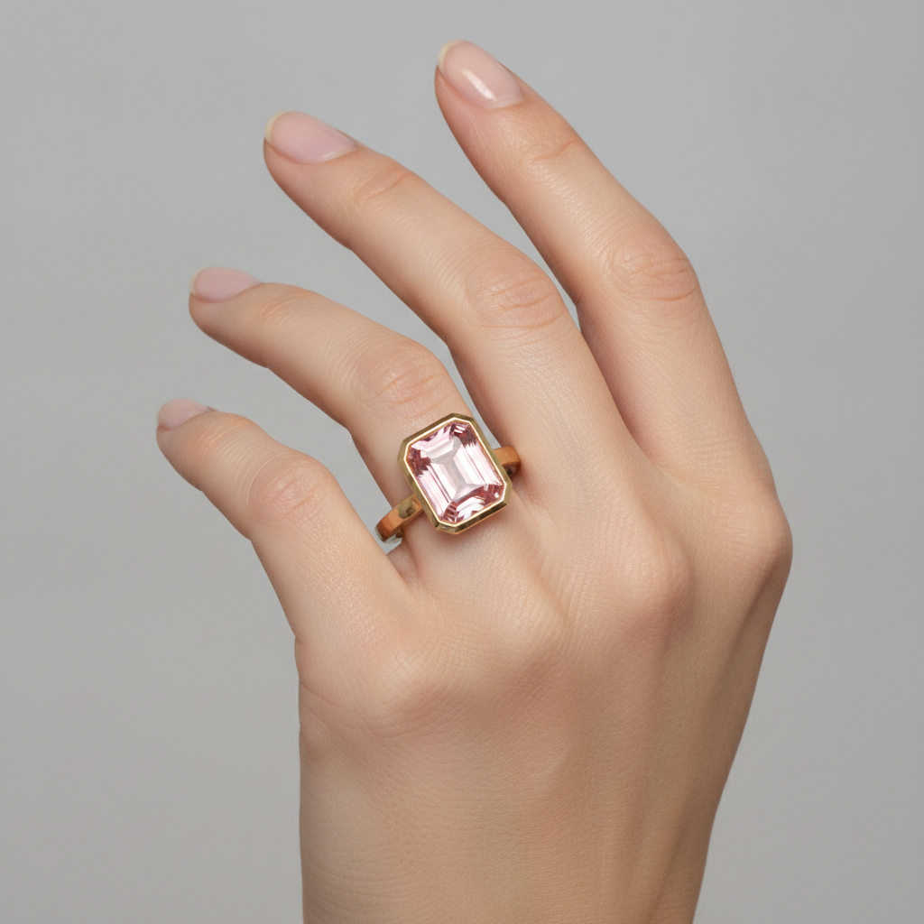 Peach Color Sapphire 3 Carat Natural Emerald Padparadscha Bezel Solitaire Ring 14K Yellow Gold