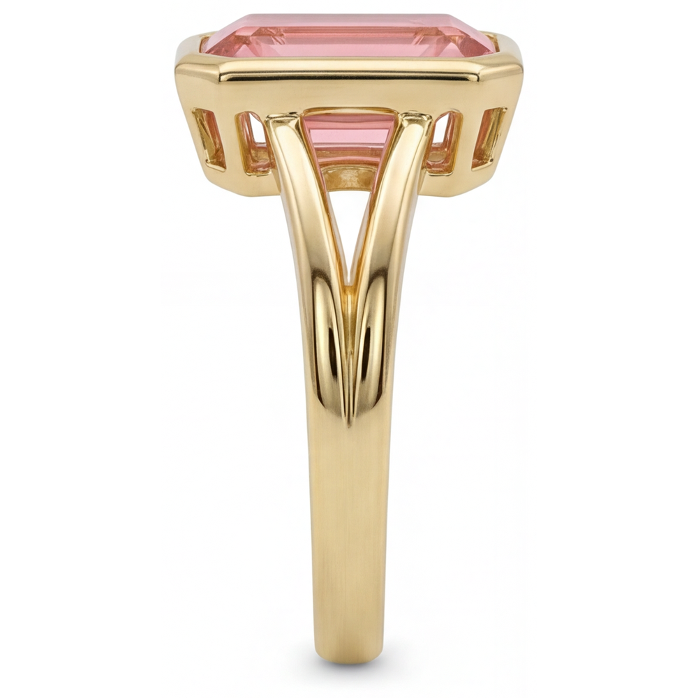 Peach Sapphire Emerald Cut 3 Carat Natural Padparadscha Bezel Split Shank Ring 14K Yellow Gold