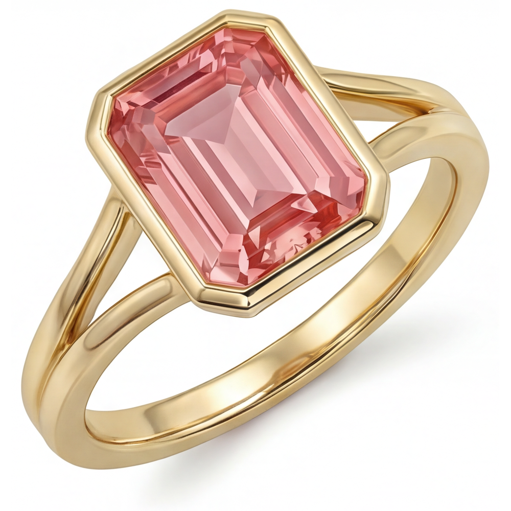 Peach Sapphire Emerald Cut 3 Carat Natural Padparadscha Bezel Split Shank Ring 14K Yellow Gold