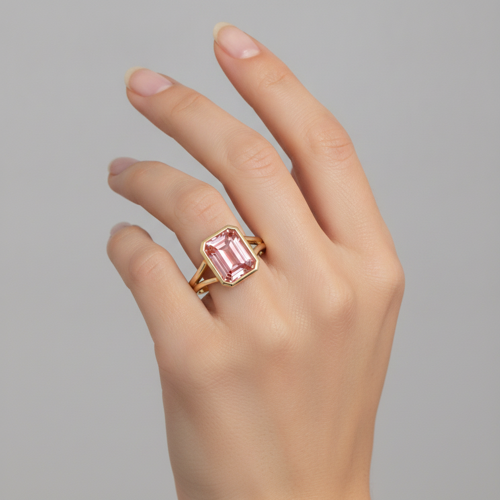Peach Sapphire Emerald Cut 3 Carat Natural Padparadscha Bezel Split Shank Ring 14K Yellow Gold