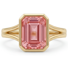 Peach Sapphire Emerald Cut 3 Carat Natural Padparadscha Bezel Split Shank Ring 14K Yellow Gold