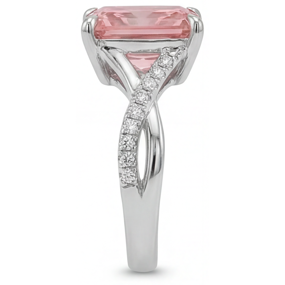 Peach Color Sapphire 3.3 Carat Genuine Emerald Padparadscha Bypass Ring 14K White Gold