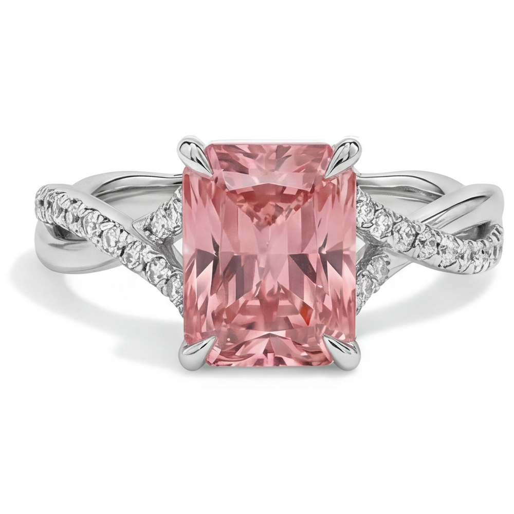 Peach Color Sapphire 3.3 Carat Genuine Emerald Padparadscha Bypass Ring 14K White Gold