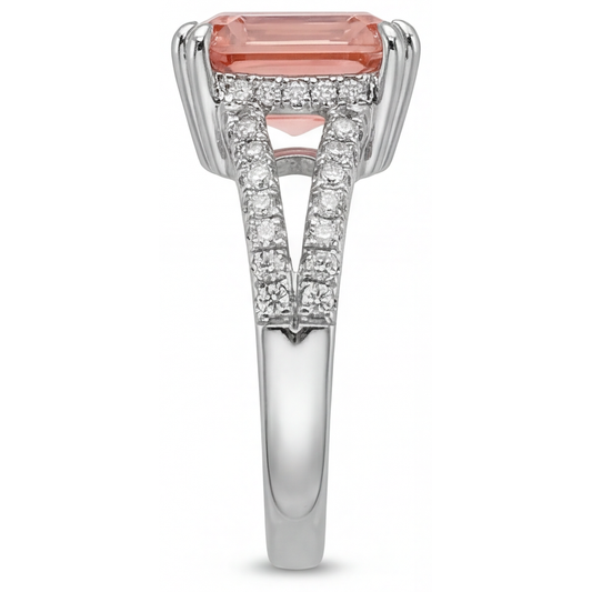Antique Padparadscha Sapphire Ring 3.3 Carat Genuine Emerald Split Shank 14K White Gold
