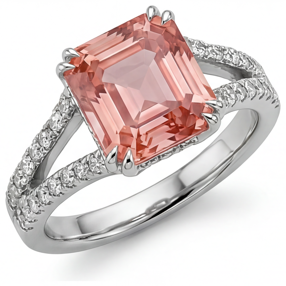 Antique Padparadscha Sapphire Ring 3.3 Carat Genuine Emerald Split Shank 14K White Gold
