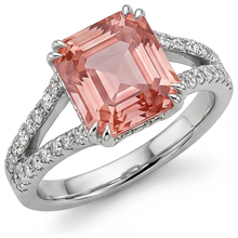 Antique Padparadscha Sapphire Ring 3.3 Carat Genuine Emerald Split Shank 14K White Gold