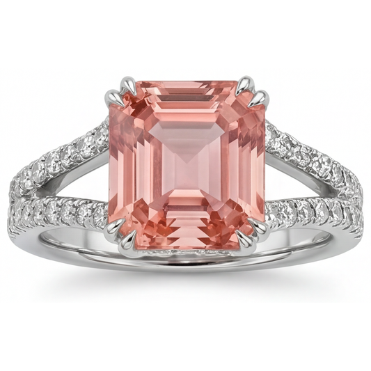 Antique Padparadscha Sapphire Ring 3.3 Carat Genuine Emerald Split Shank 14K White Gold