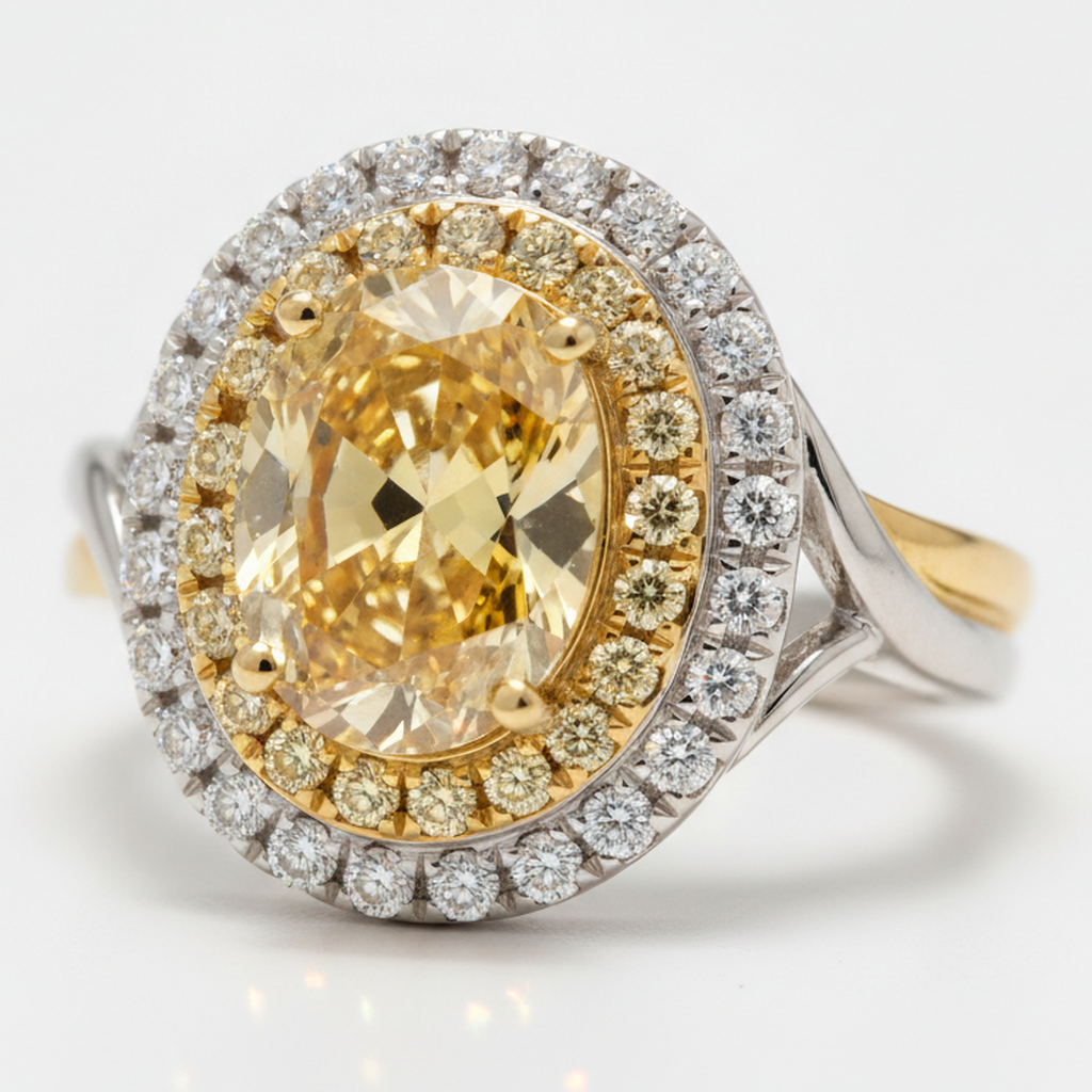 Yellow Gemstone Engagement Ring 1.01 Carat Real Oval Fancy Intense Diamond Double Halo 18K Gold