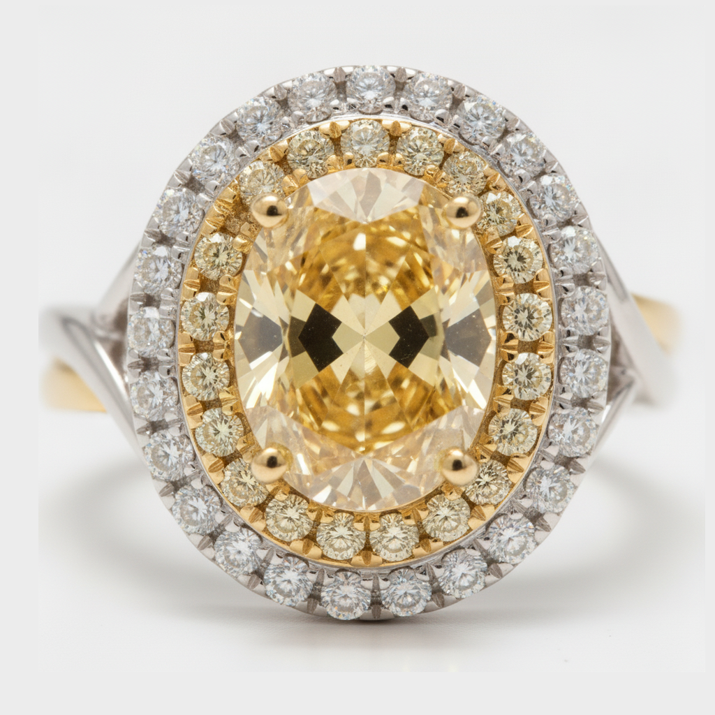 Yellow Gemstone Engagement Ring 1.01 Carat Real Oval Fancy Intense Diamond Double Halo 18K Gold