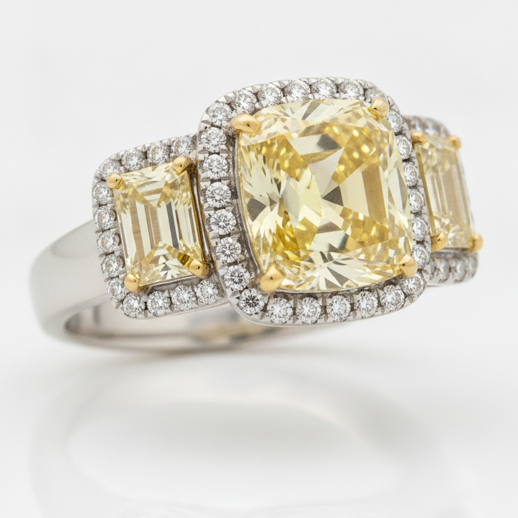 Yellow Gemstone Engagement Ring 2.07 Carat Genuine Cushion Fancy Diamond Trapezoid Halo Three Stone Platinum