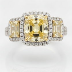 Yellow Gemstone Engagement Ring 2.07 Carat Genuine Cushion Fancy Diamond Trapezoid Halo Three Stone Platinum