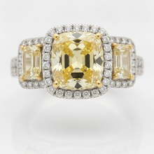 Yellow Gemstone Engagement Ring 2.07 Carat Genuine Cushion Fancy Diamond Trapezoid Halo Three Stone Platinum
