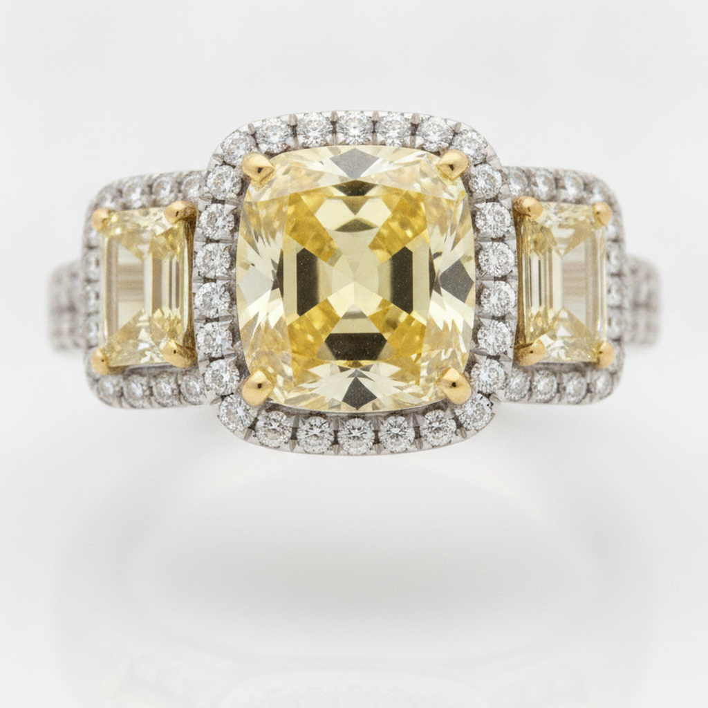 Yellow Gemstone Engagement Ring 2.07 Carat Genuine Cushion Fancy Diamond Trapezoid Halo Three Stone Platinum
