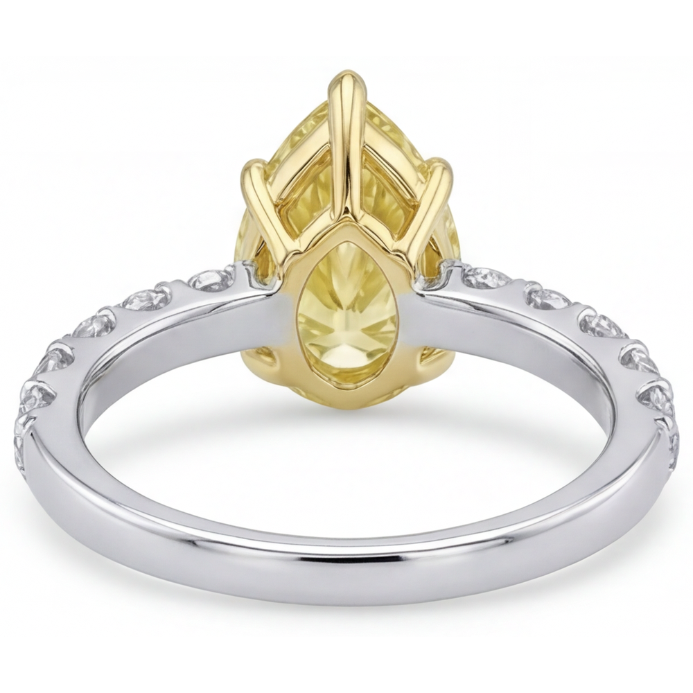 Fancy Yellow Diamond Pear Shape Fine Jewelry Ring in Two-Tone 14K Gold – front view