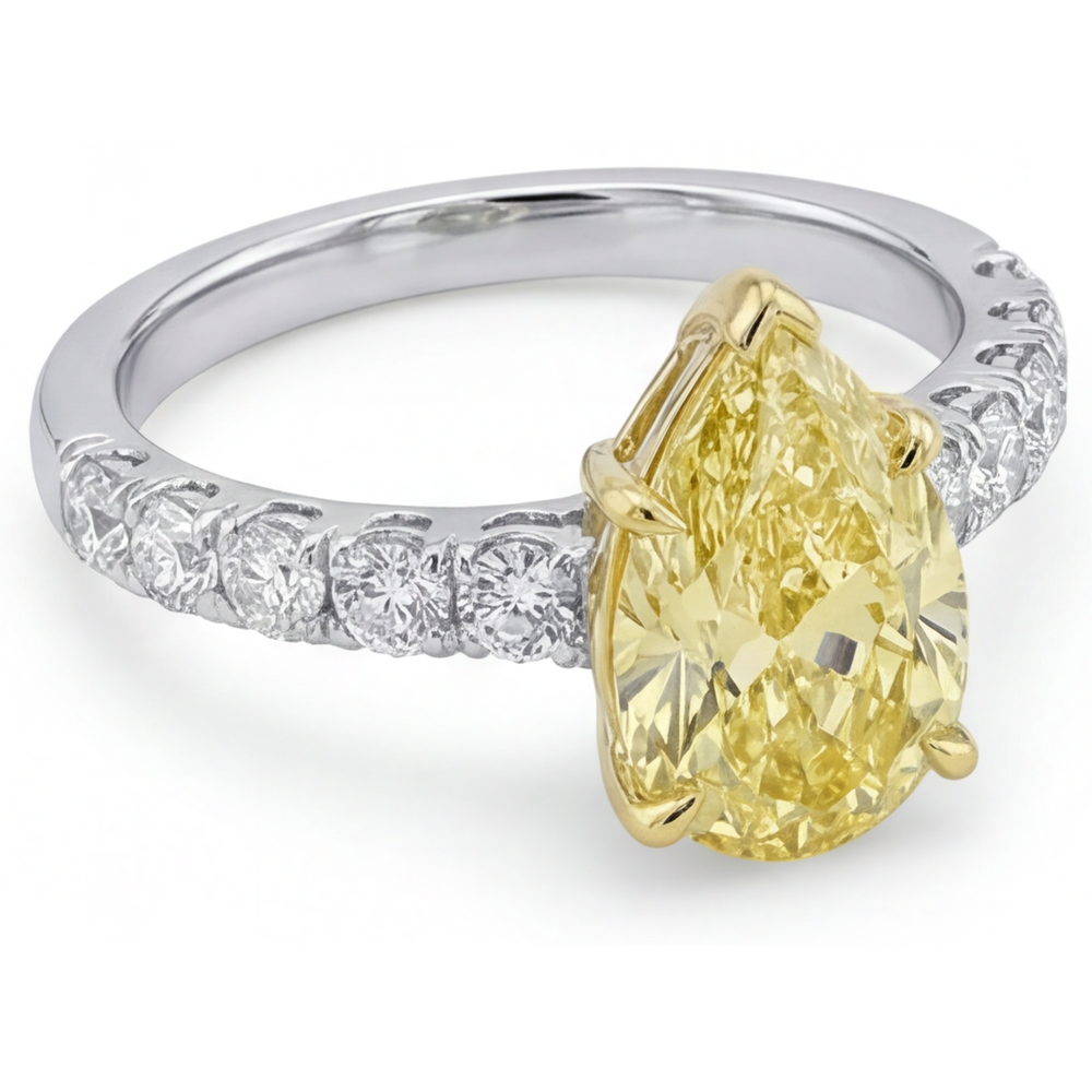 Pear Shape Fancy Yellow Diamond ring in Two-Tone 14K Gold – alternate view