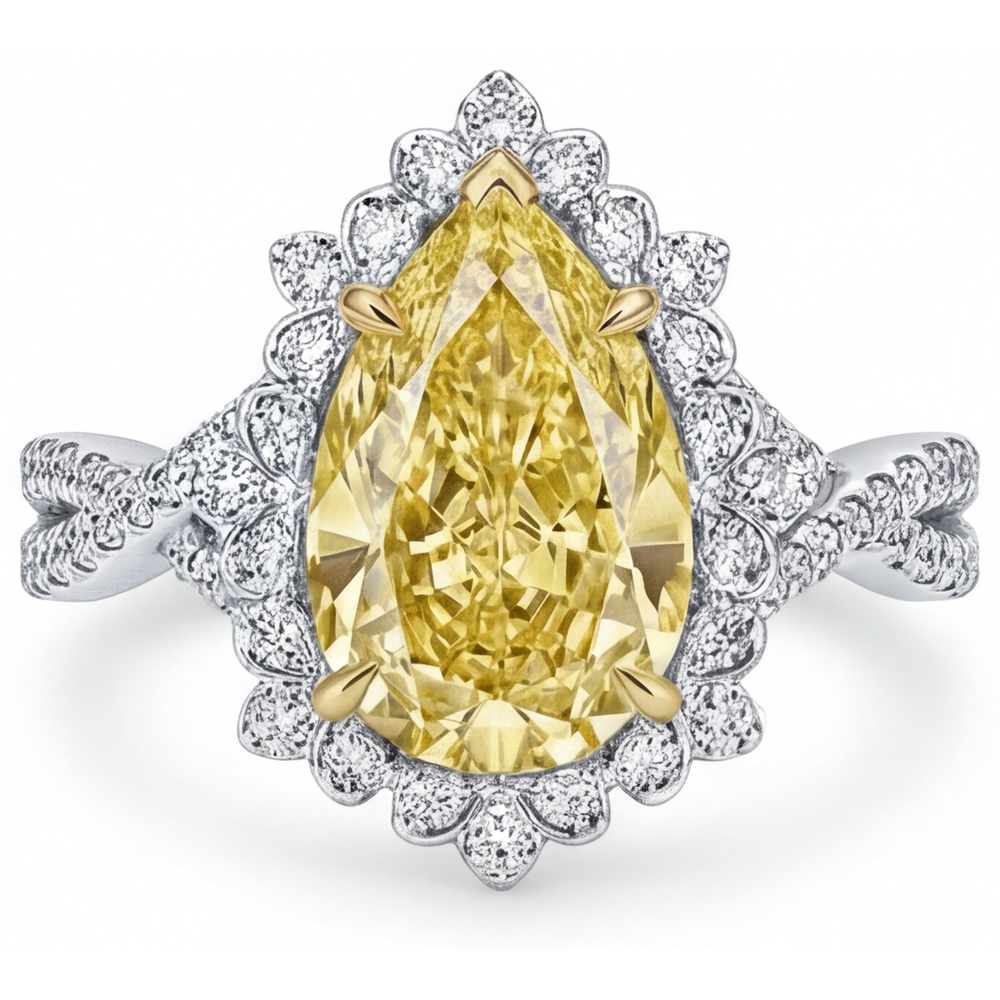 Fancy Yellow Diamond Halo Engagement Ring 3-ct 14 Karat Two Tone Gold – front view