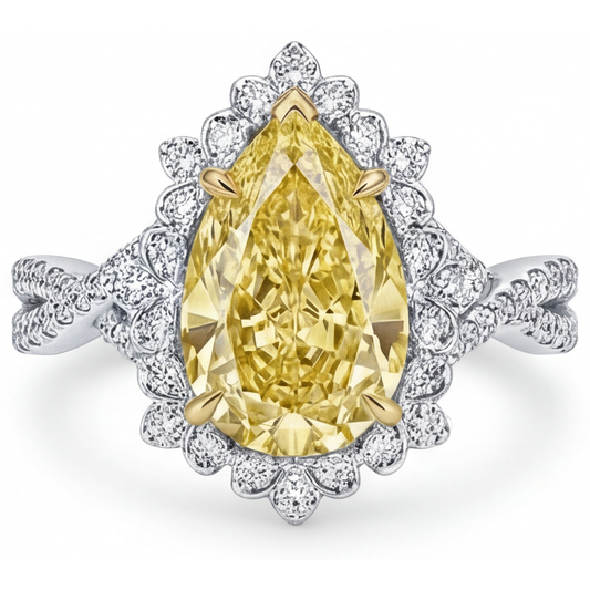 Fancy Yellow Diamond Halo Engagement Ring 3-ct 14 Karat Two Tone Gold – front view