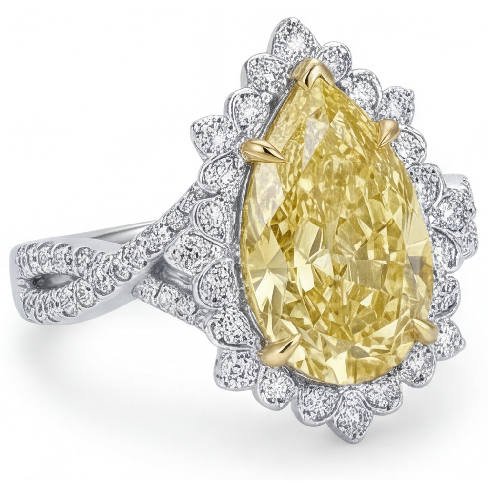 Genuine Fancy Yellow Diamond Halo Engagement Ring 3 ct 14 Karat Two Tone Gold – side view