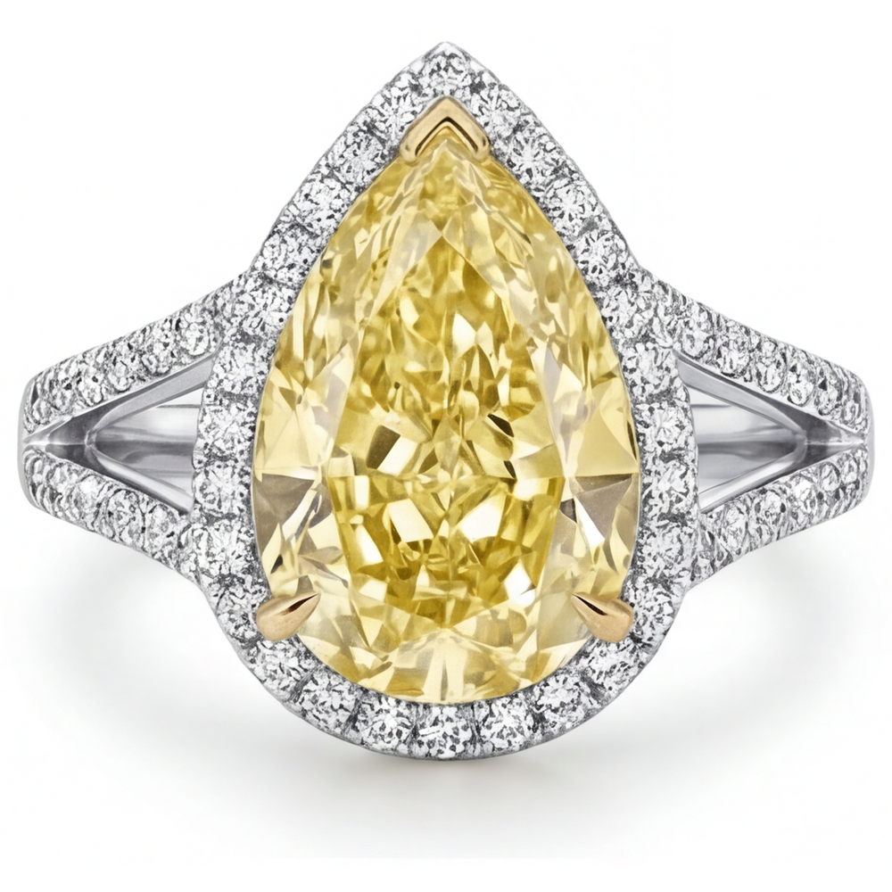 Authentic Fancy Yellow Diamond Halo Engagement Ring 3 ct Two-Tone 14K Gold – front view