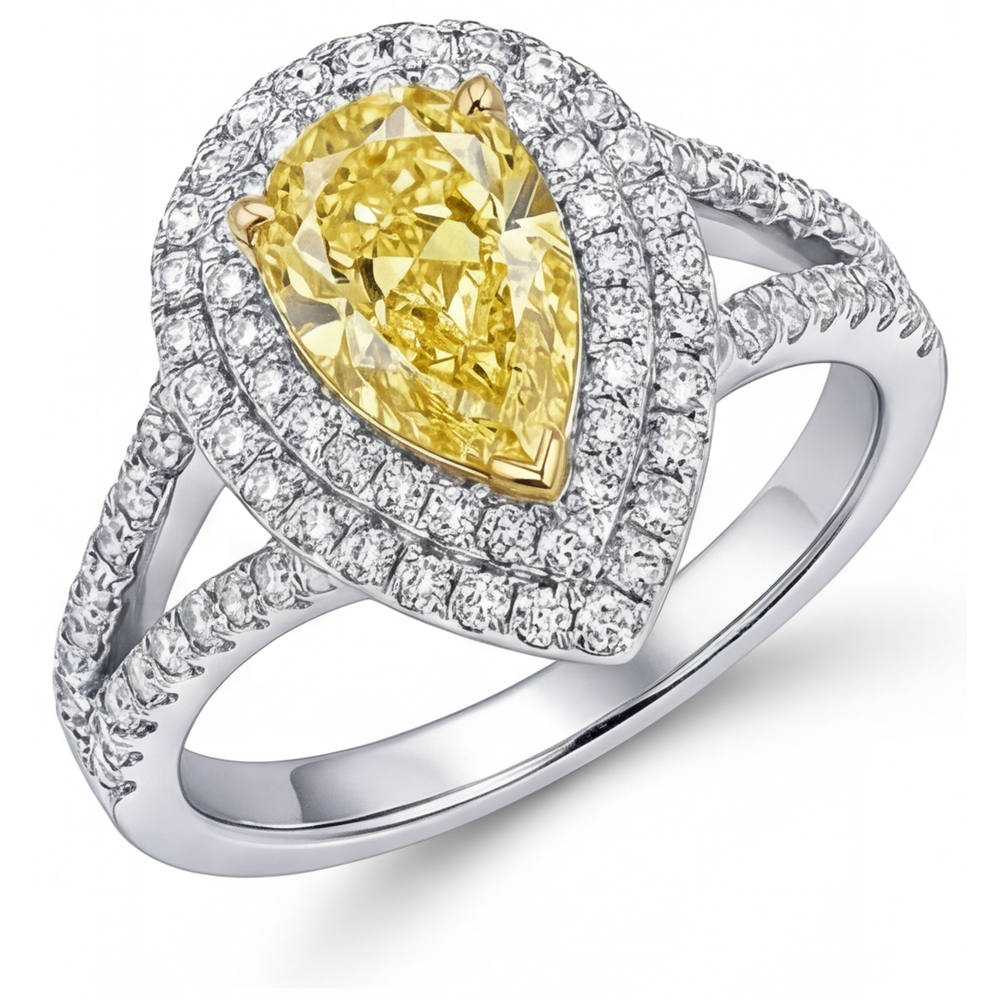 Genuine Fancy Yellow Diamond Halo Ring 1.50 ct Two-Tone 14K Gold – front view