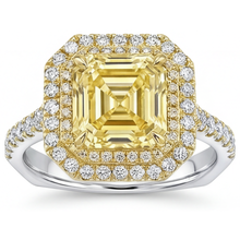 Fancy Yellow Diamond Asscher Cut Halo Setting Ring in 14 Karat Two Tone Gold – main view