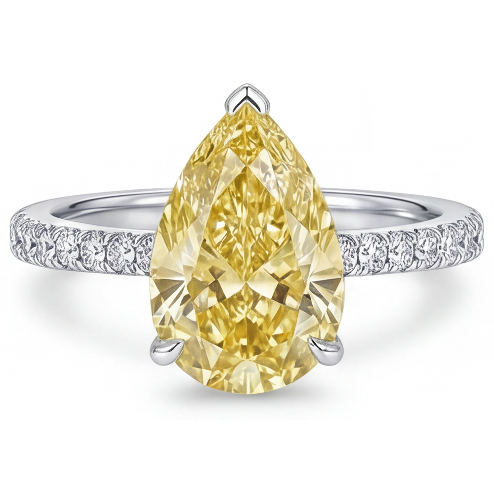 Pear Cut Fancy Yellow Diamond ring in 14K White Gold – side view