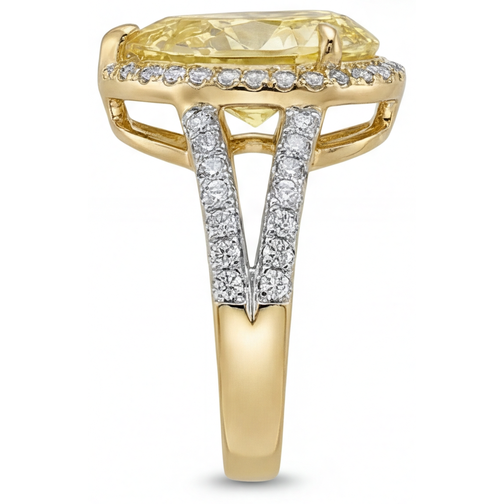 Pear Cut Fancy Yellow Diamond ring in 14K Two Tone Gold – top view