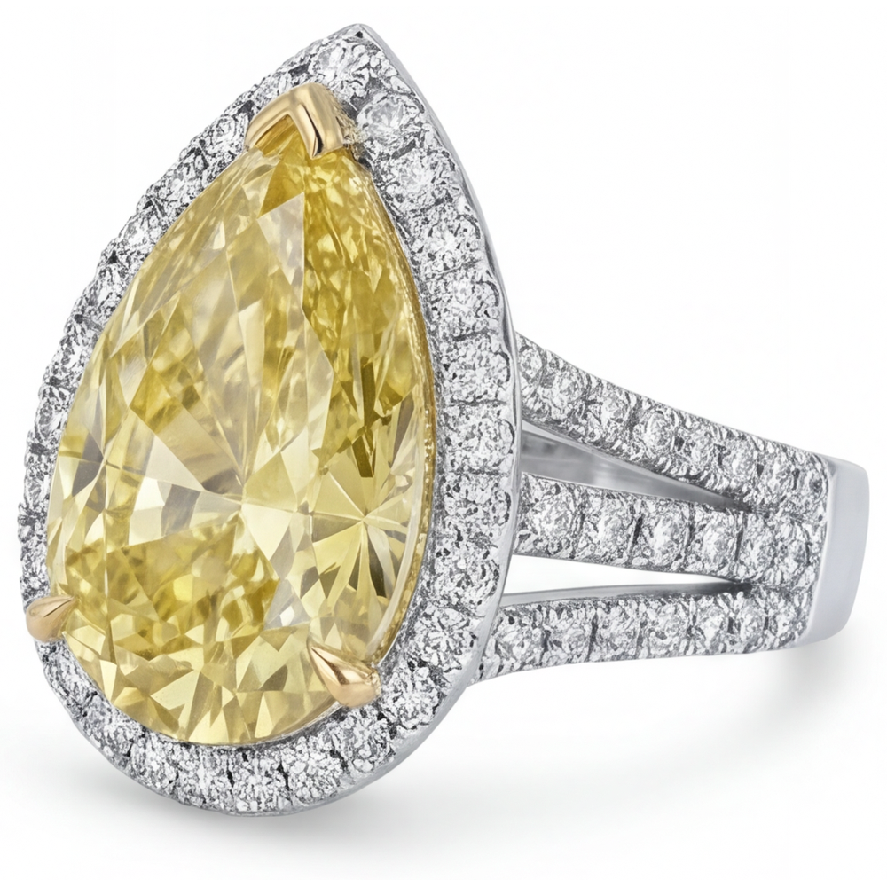 Authentic Fancy Yellow Diamond Statement Ring 4 ct Two-Tone 14K Gold – side view
