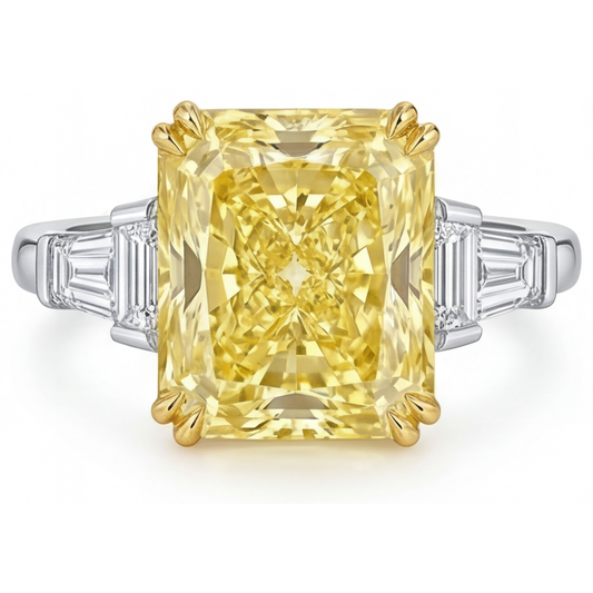 Fancy Yellow Diamond Radiant Three Stone Ring in 14 Karat Two Tone Gold – main view