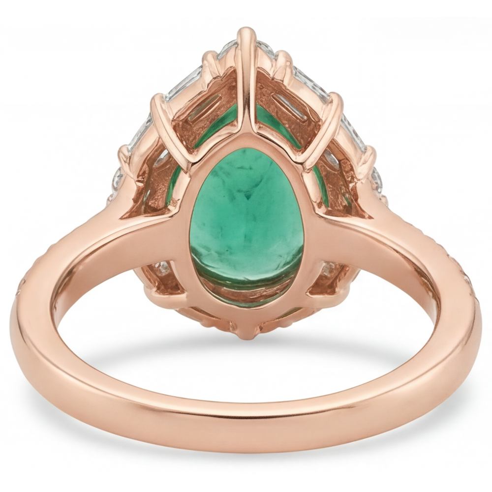 Pear Shape Fine Emerald ring in 14 Karat Rose Gold – top view