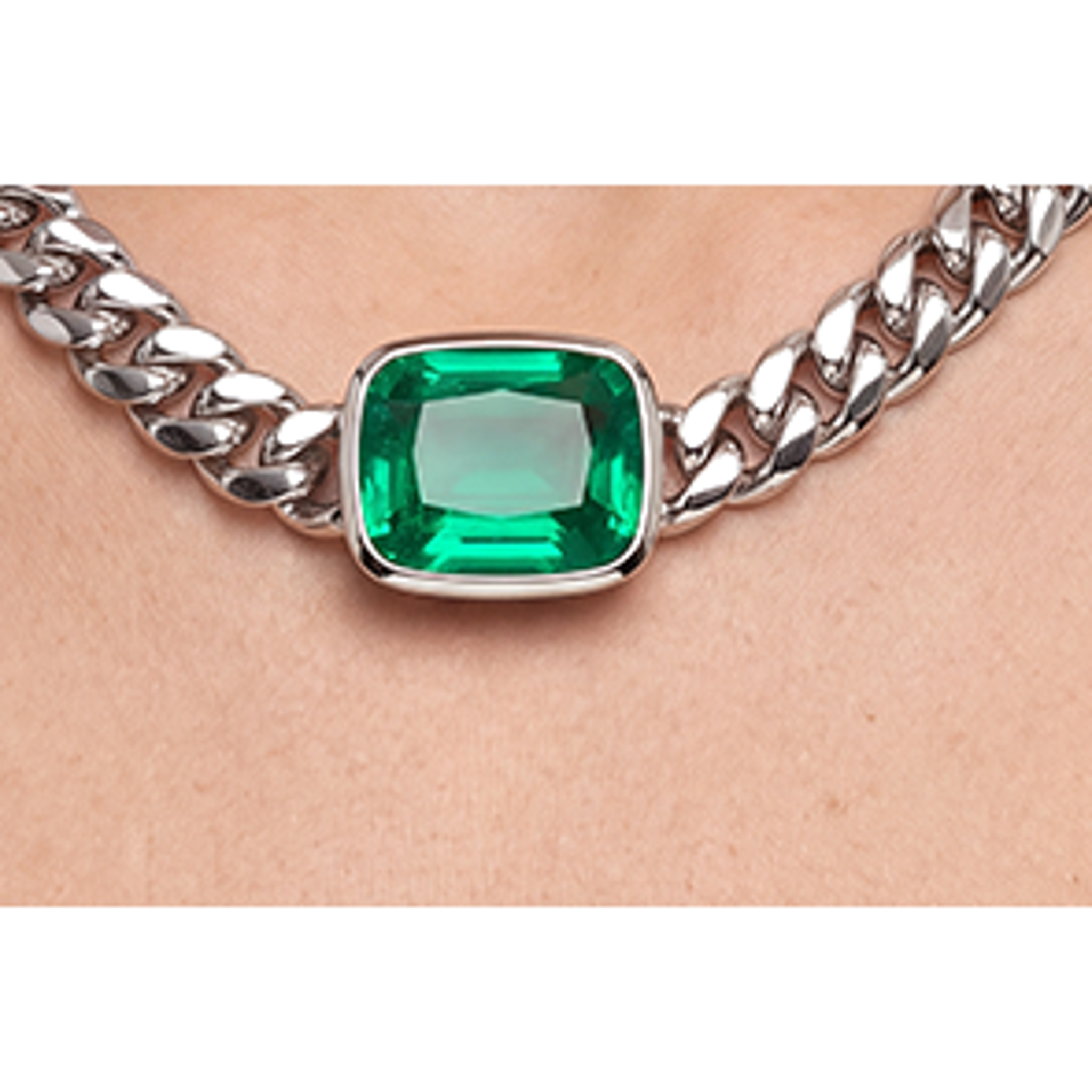 Miami Cuban Cushion Emerald Slide Necklace 27 Carats Gold