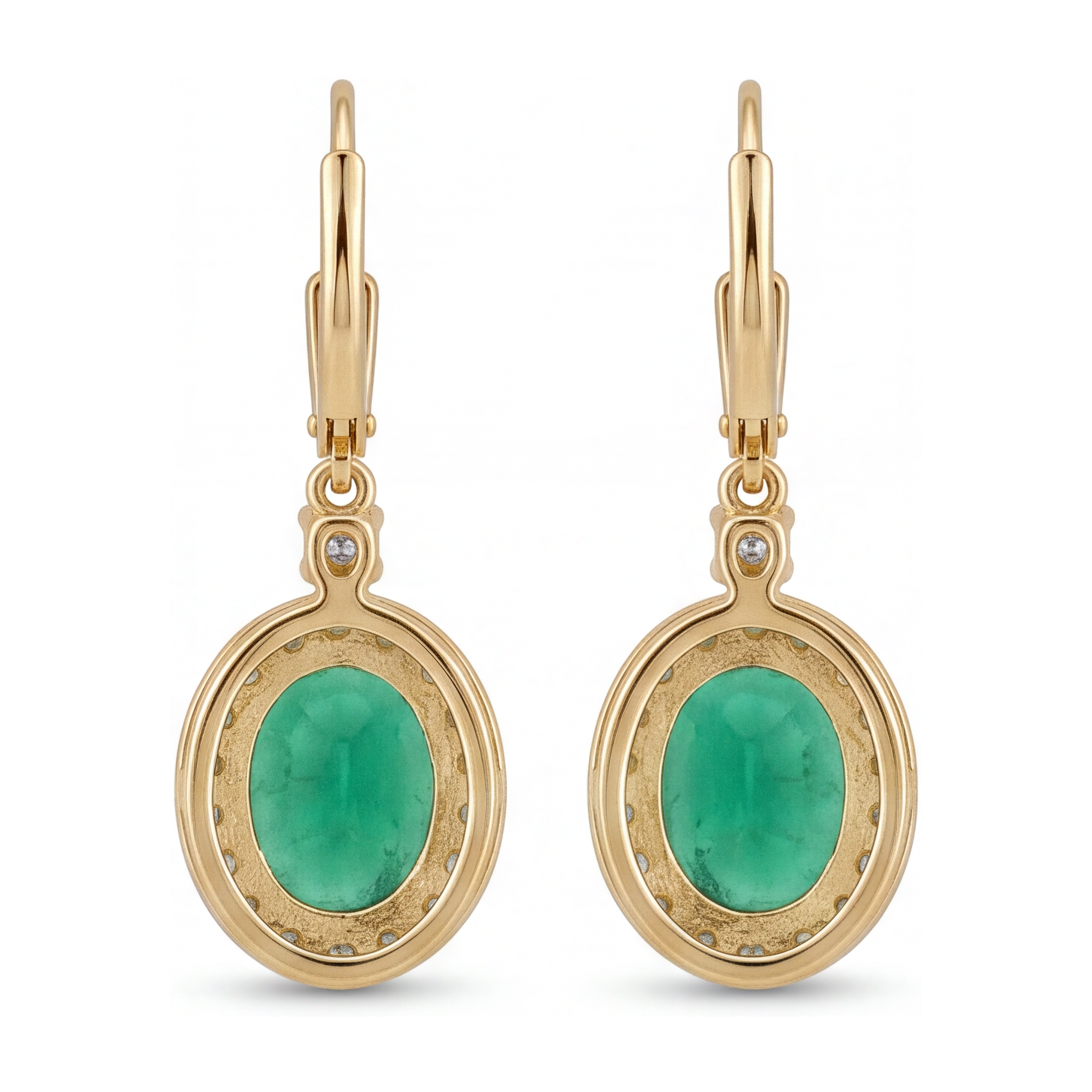Green Emerald Earrings 3.5 Carat Lab Grown Oval Halo Leverback 14K Yellow Gold