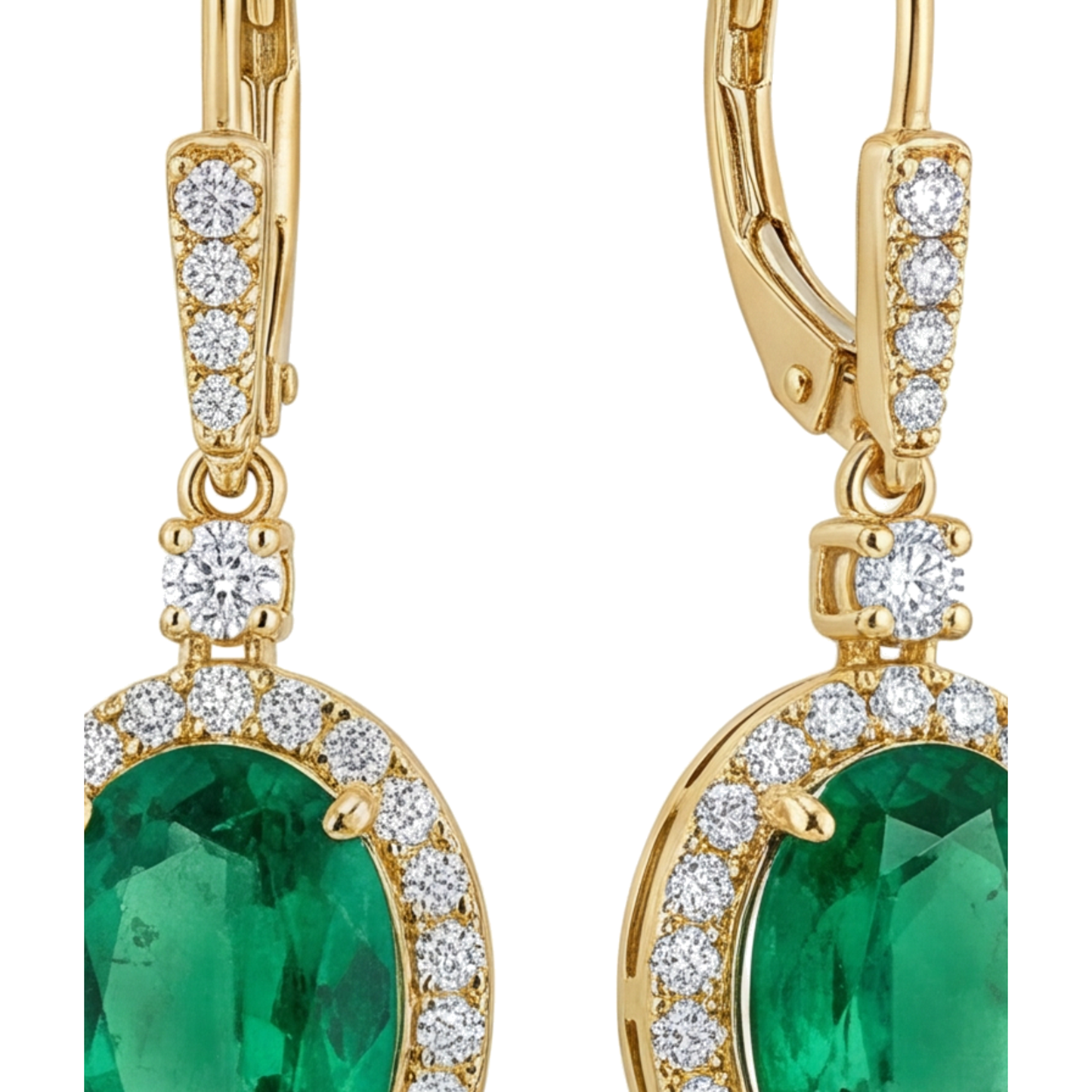 Green Emerald Earrings 3.5 Carat Lab Grown Oval Halo Leverback 14K Yellow Gold