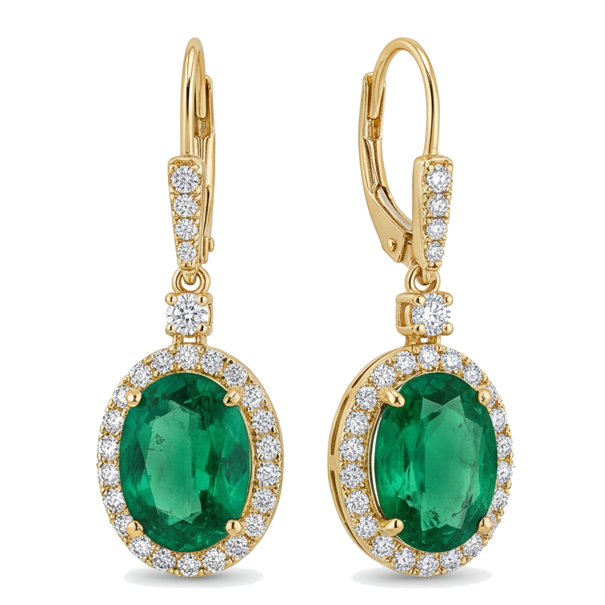 Green Emerald Earrings 3.5 Carat Lab Grown Oval Halo Leverback 14K Yellow Gold
