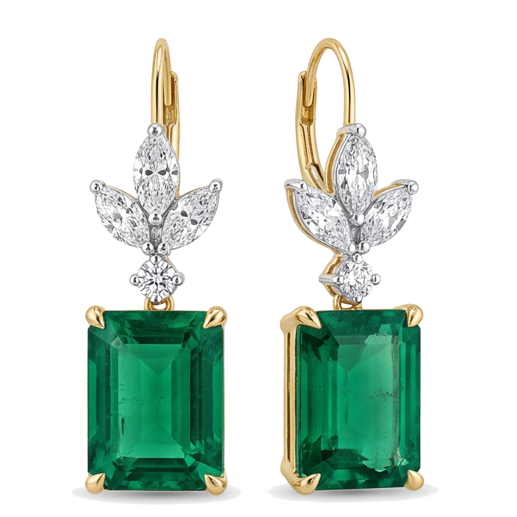 Green Emerald Earrings 4 Carat Lab Grown Emerald Cut Marquise Leaves Leverback 14K Yellow Gold